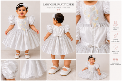 Girls White Puff Sleeve Party Dress with Floral Appliqué