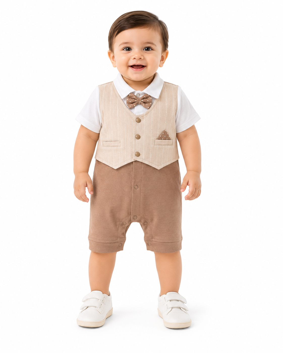 Baby Boys Premium Gentleman Party Romper – Beige & Brown