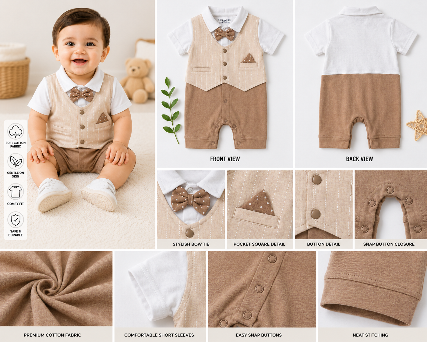 Baby Boys Premium Gentleman Party Romper – Beige & Brown
