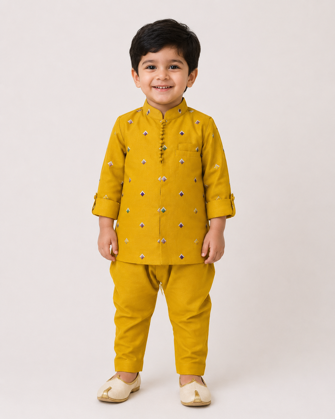 Boys Traditional Kurta Pajama Set with Embroidered Nehru Jacket | Mustard Yellow