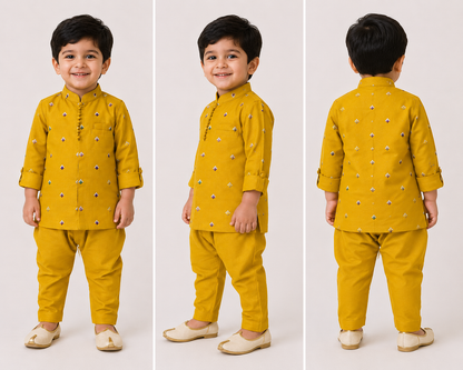 Boys Traditional Kurta Pajama Set with Embroidered Nehru Jacket | Mustard Yellow