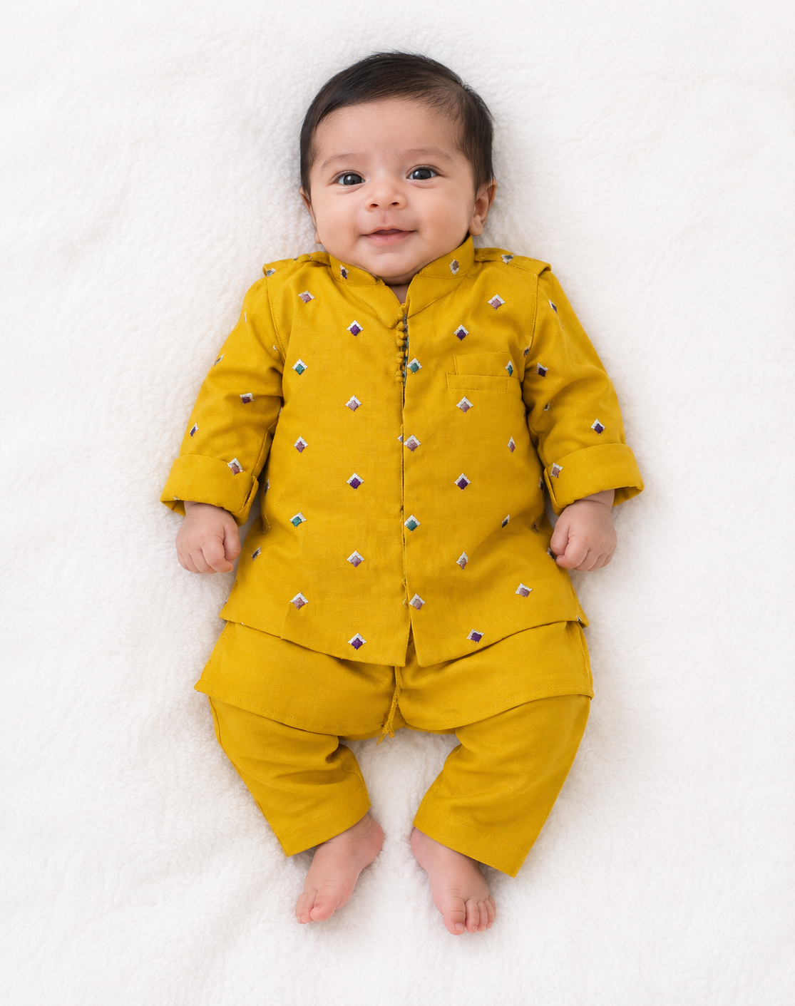 Boys Traditional Kurta Pajama Set with Embroidered Nehru Jacket | Mustard Yellow